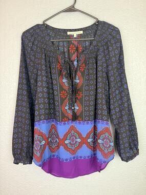 Daniel Rainn Blouse Womens PXS Multicolor Floral Boho Tassel Tunic Top